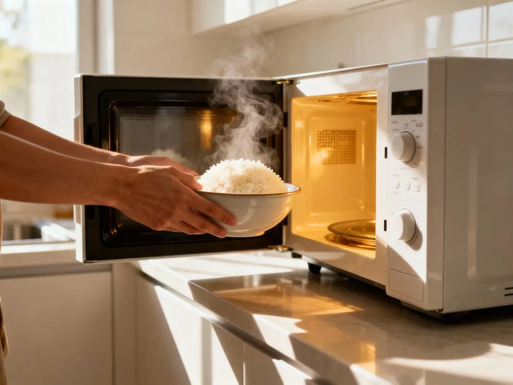 Une personne réchauffe du riz au micro-ondes